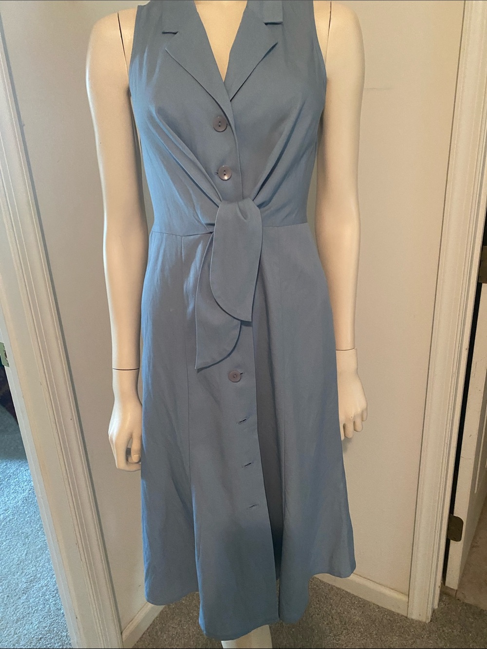 London Times Soft Blue Sleeveless Tie-Front Midi Dress